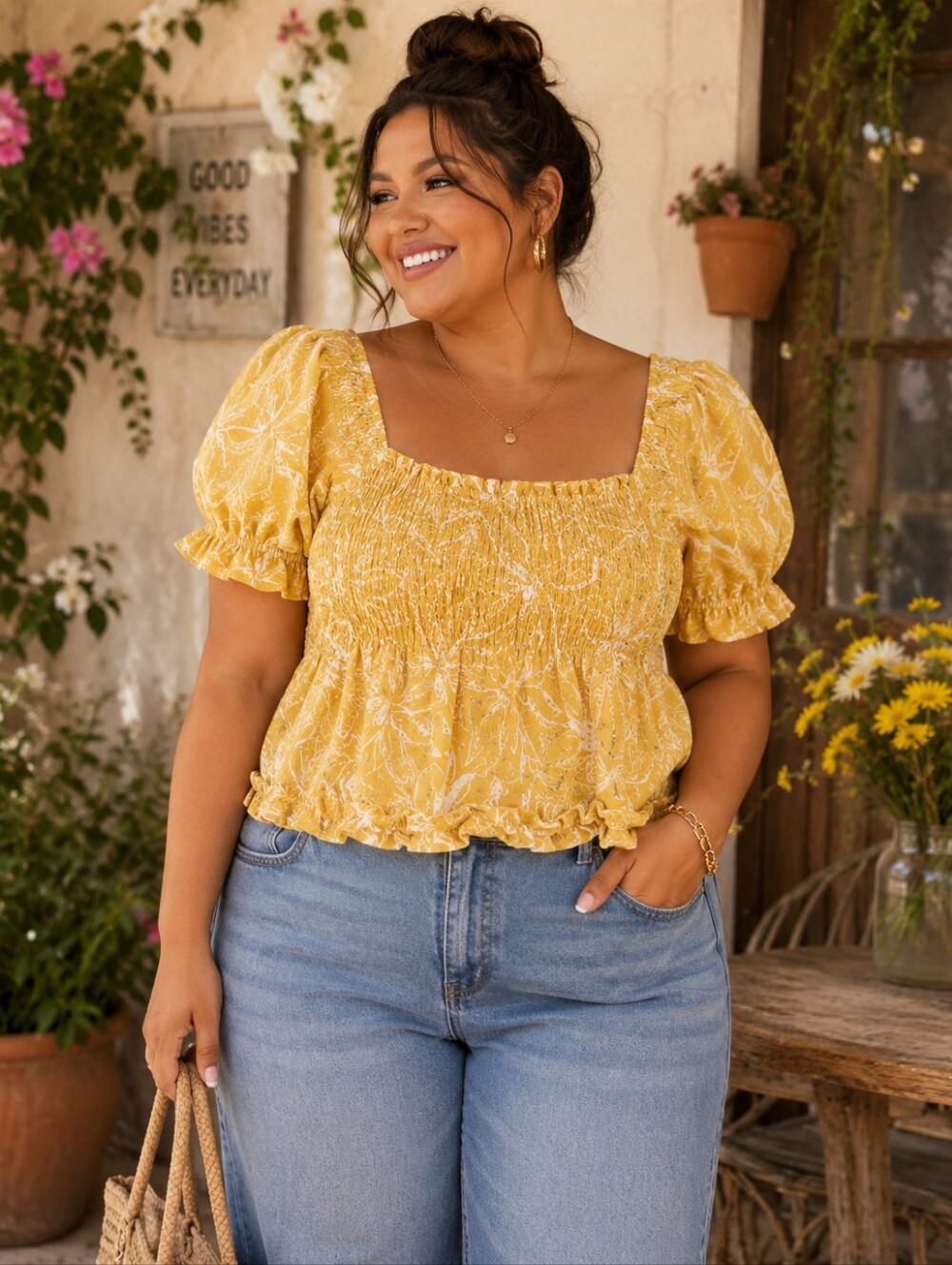 NWT Universal Threads Yellow Linen Blend Short Puff Sleeve Smocked Blouse, XXL